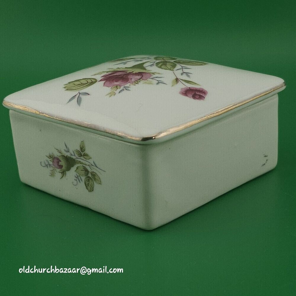 Vintage porcelain white Square trinket box - floral design - 3" X 3" X 1.75"